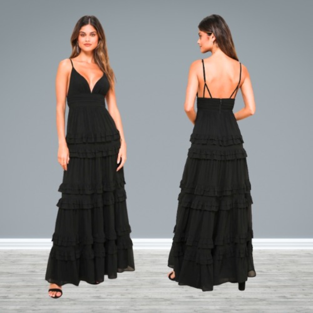 Lulus‎ Lavish Perfection Black Ruffled Tiered Maxi Dress Size Small New SOLD OUT